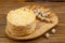 Crispy appetizing bread with strawberries on a plate on  wooden background