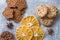 Crispy, aromatic, chocolate and caramel cookies, dried orange slices, anise stars. Stock photo of festive and sweet pastries