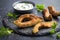 Crispy avocado fries with garlic yogurt sause