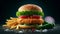 Crispy breaded Chicken burger with french fries and peppers on black background