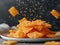 Crispy Cheese Crackers Falling and Piling on a Plate Against a Gray Background in Freeze Motion