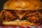 Crispy Chicken Burger. Fatty junk food concept. Southern Country Fried Chicken Sandwich with Mayo and Jalapenos