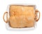 Crispy ciabatta in wicker basket isolated on white, top view. Fresh bread