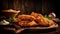 Crispy coated batter southern style fried chicken in a wooden table