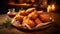 Crispy coated batter southern style fried chicken in a wooden table