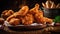 Crispy coated batter southern style fried chicken in a wooden table