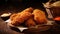 Crispy coated batter southern style fried chicken in a wooden table