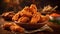 Crispy coated batter southern style fried chicken in a wooden table