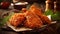 Crispy coated batter southern style fried chicken in a wooden table