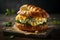 Crispy croissant sandwich with scrambled eggs, cheese and herbs on wooden background