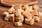 Crispy croutons bread on wooden background