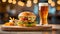 Crispy and delicious burger and glass of beer on wooden board. Tasty fast food and drink. Cafe interior