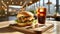 Crispy and delicious burger and glass of coke with ice on wooden board. Tasty fast food and drink. Cafe interior