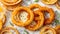 Crispy delicious onion rings prepared menu golden lunch portion cuisine fastfood fastfood