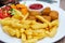 Crispy fish batter in batter with french fries and fresh vegetables