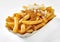 Crispy French fries with mustard sauce and onion