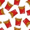 Crispy french fries seamless pattern with red paper boxes of fried potato. Vector Illustration Isolated On a White