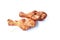 Crispy fried chicken drum wing stabbing in wooden stick on white background