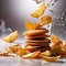 Crispy fried potato chips, popular snack, dynamic food photo
