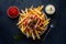 Crispy fries with tomato sauce and mayonnaise in foodgraphy