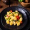 A crispy gnocchi with roasted asparagus and tomatoes