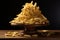 Crispy golden fries piled high on a dark wooden pedestal