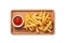 Crispy Golden Fries with Tomato Ketchup on Wooden Tray, created by Generative AI