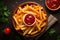 Crispy golden fries on a wooden plate with ketchup - top view