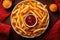 Crispy golden fries on a wooden plate with ketchup - top view