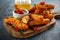 Crispy Halloumi cheese sticks Fries with Chili sauce for dipping and glass of cold beer