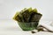 Crispy nori seaweed on bowl. Traditional Japanese dry seaweed sheets.