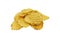 Crispy potato chips isolated on white background. Tasty fried potato slices in closeup