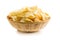 Crispy potato chips in a wicker bowl