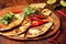 Crispy Quesadillas tortillas with cheese and salsa sauce and pepper