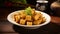 Crispy salt and pepper tofu: golden brown tofu nuggets, crispy exterior with salt and pepper