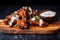 Crispy Szechuan chicken wings with a sweet and spicy glaze served on a wooden board with a side of creamy blue cheese dressing