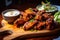 Crispy Szechuan chicken wings with a sweet and spicy glaze served on a wooden board with a side of creamy blue cheese dressing