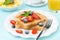 Crispy toast with honey, fresh berries, cup of coffee