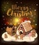 Cristmas Background with gingerbread houses, candy, and gingerbread little men, Vector illustration.