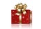 Cristmas gift new year holiday red box wiht golden bow and ribbons, realistic 3d mockup with reflections, shadows isolated vector.