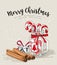 Cristmas still-life, candy canes in glass jar, cinnamon and jingle bells with text Merry Christmas, illustration