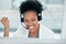 Crm celebration, telemarketing success and black woman in a call center with customer support. Web consultant, happy and