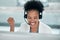 Crm success, telemarketing and excited black woman in a call center with customer support. Web consultant, happy and