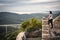 Crni Kal, Slovenia - May 25, 2019: woman admiring upper panoramic view on viaduct of crni kal, beside adriatic sea, slovenia