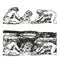 Cro-Magnon & x28;Homo sapiens& x29; man in a cave mined fire. Hand drawn illustration.
