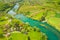 Croatia, countryside landscape, Mreznica river from air, Belavici village