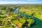 Croatia, countryside landscape, Mreznica river from air, Belavici village