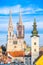 Croatian capital Zagreb, catholic cathedral and red roofs in city center