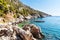 Croatian seashore. Coast of Hvar Island. Greetings from the sea. Sea and rocks in Croatia. Landscape of the Adriatic Sea. Hot summ