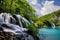 Croatian waterfall surrounded by vegetation and with a lake on the background